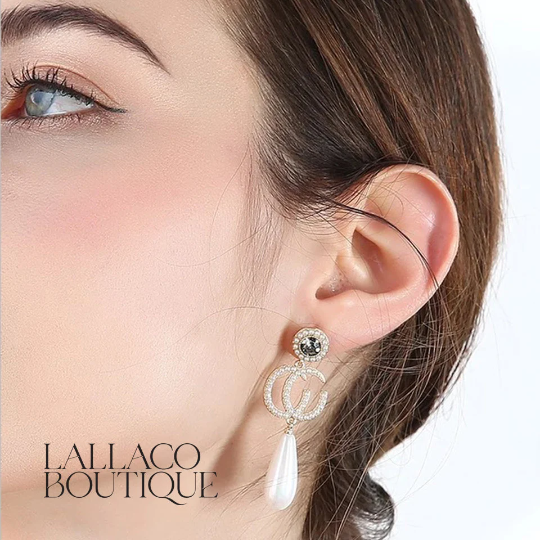 Double C Gold & Pearl Drop Earrings