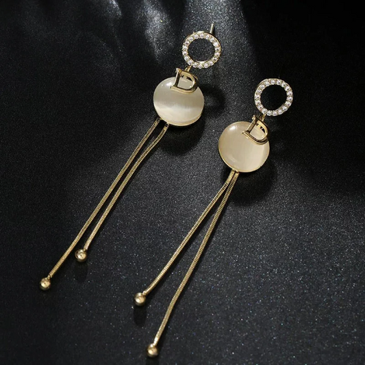 Classic D Letter Round Opal Metal Tassel Long Drop Earrings