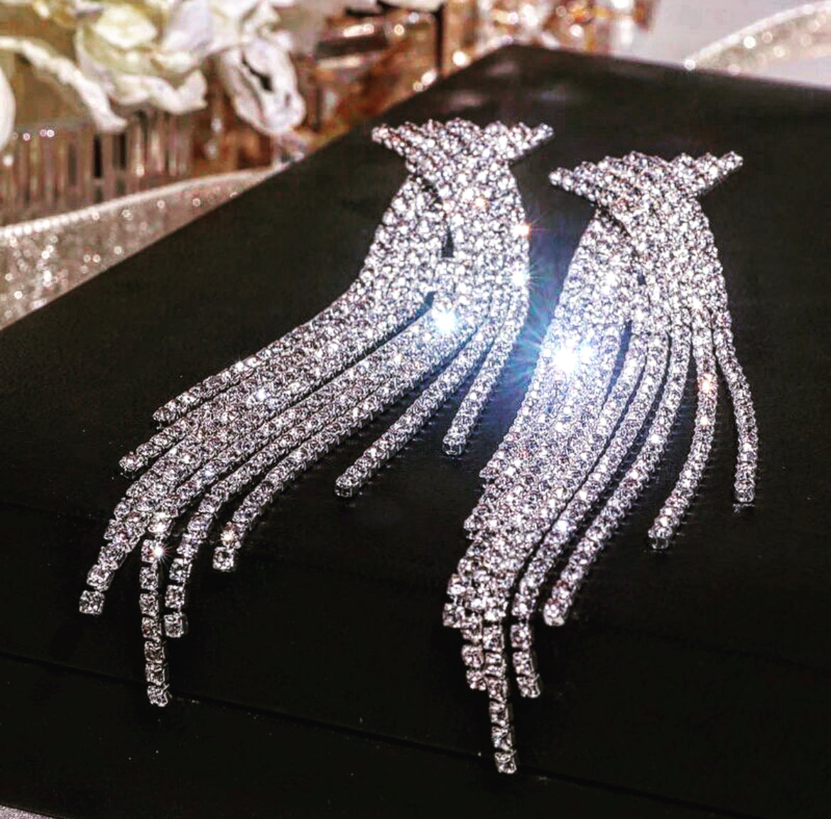 Long Tassel Drop Earrings for Women with Geometric Design and Rhinestone Embellishment