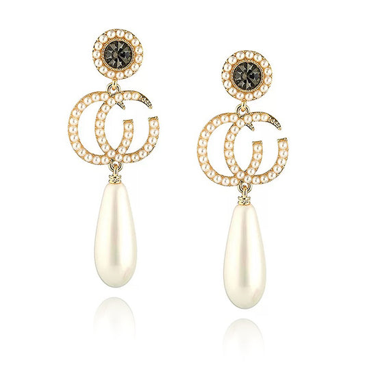 Double C Gold & Pearl Drop Earrings