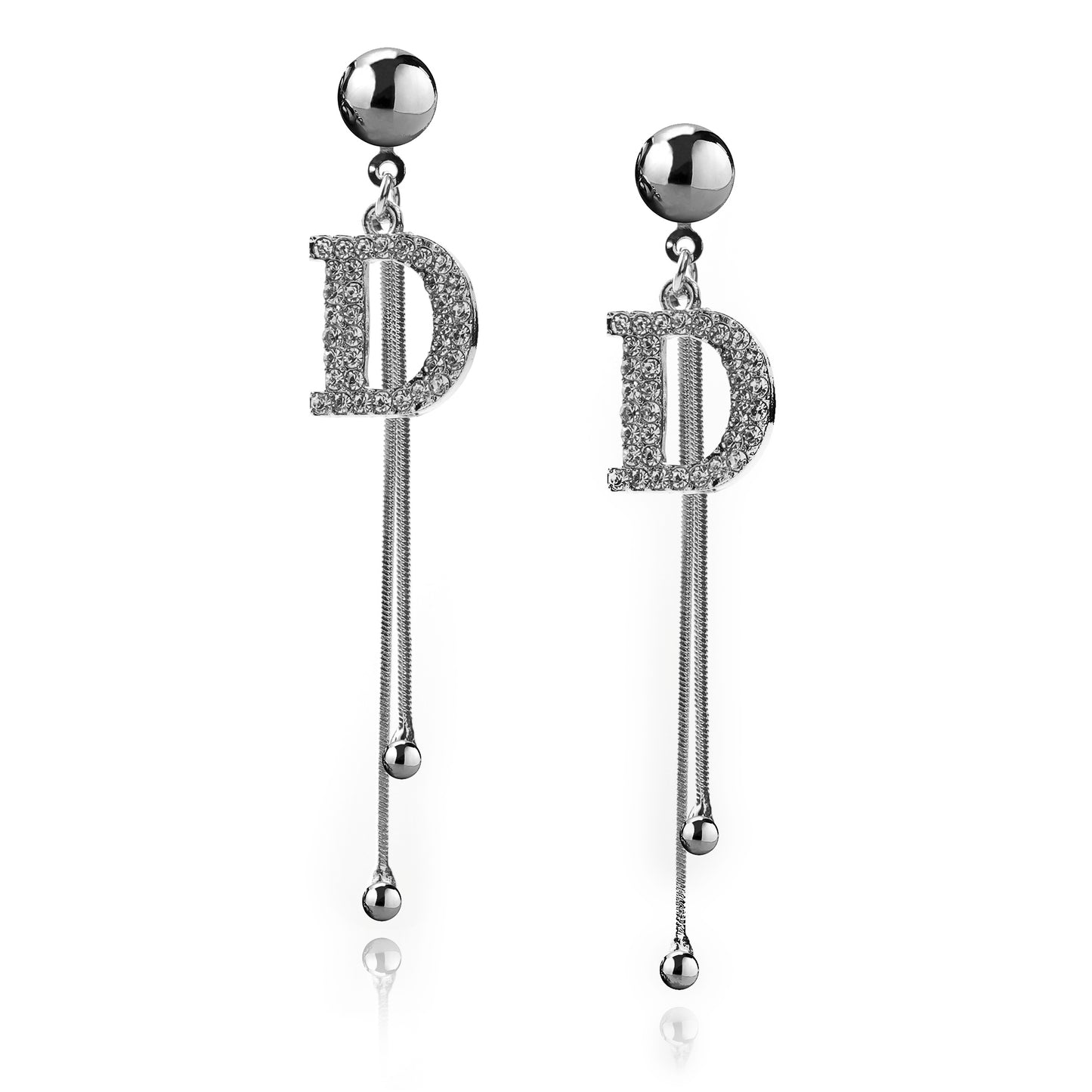 D Letter Silver Drop Chain Earrings