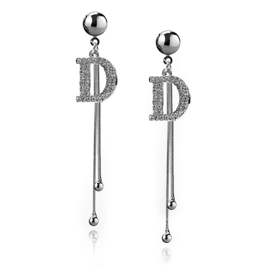 D Letter Silver Drop Chain Earrings