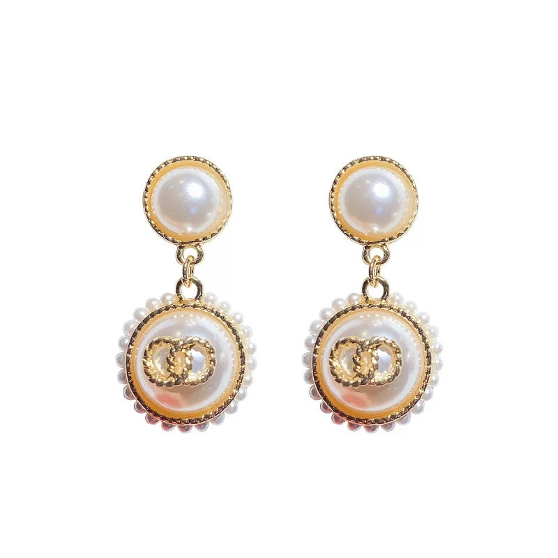 White Imitation Double Pearls Round Drop Earrings