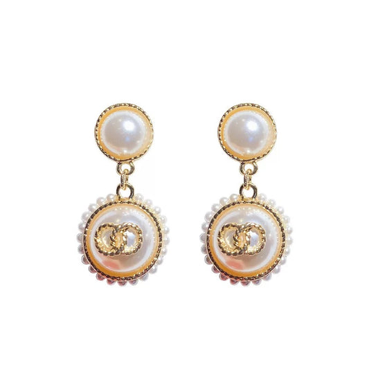 White Imitation Double Pearls Round Drop Earrings