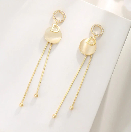 Classic D Letter Round Opal Metal Tassel Long Drop Earrings