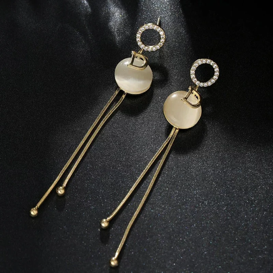 Classic D Letter Round Opal Metal Tassel Long Drop Earrings