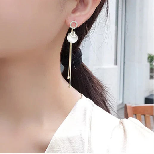 Classic D Letter Round Opal Metal Tassel Long Drop Earrings