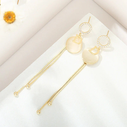 Classic D Letter Round Opal Metal Tassel Long Drop Earrings