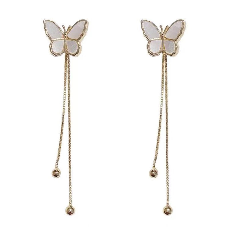 White Shell Butterfly Metal Tassel Long Drop Earrings