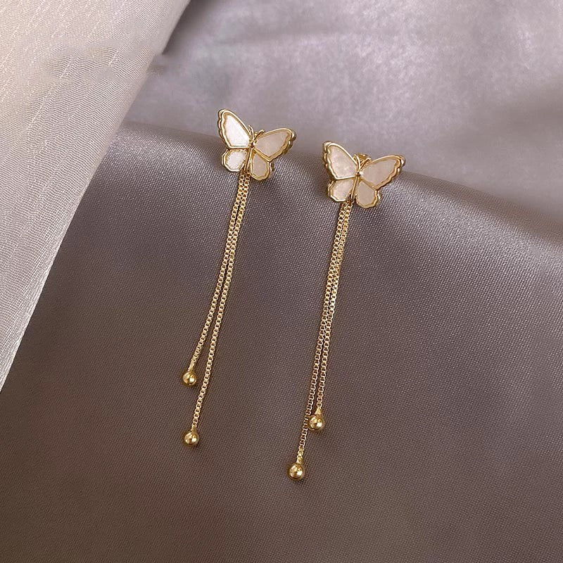 White Shell Butterfly Metal Tassel Long Drop Earrings