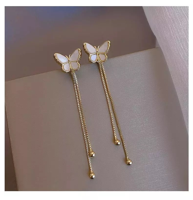 White Shell Butterfly Metal Tassel Long Drop Earrings