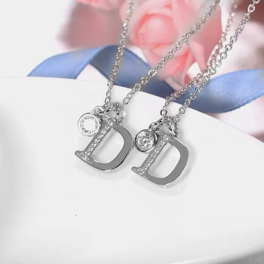 D Letter & Crystal Silver Pendant Necklace