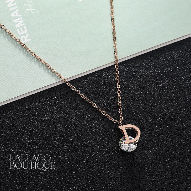 D Letter & Crystal Rose Gold Pendant Necklace