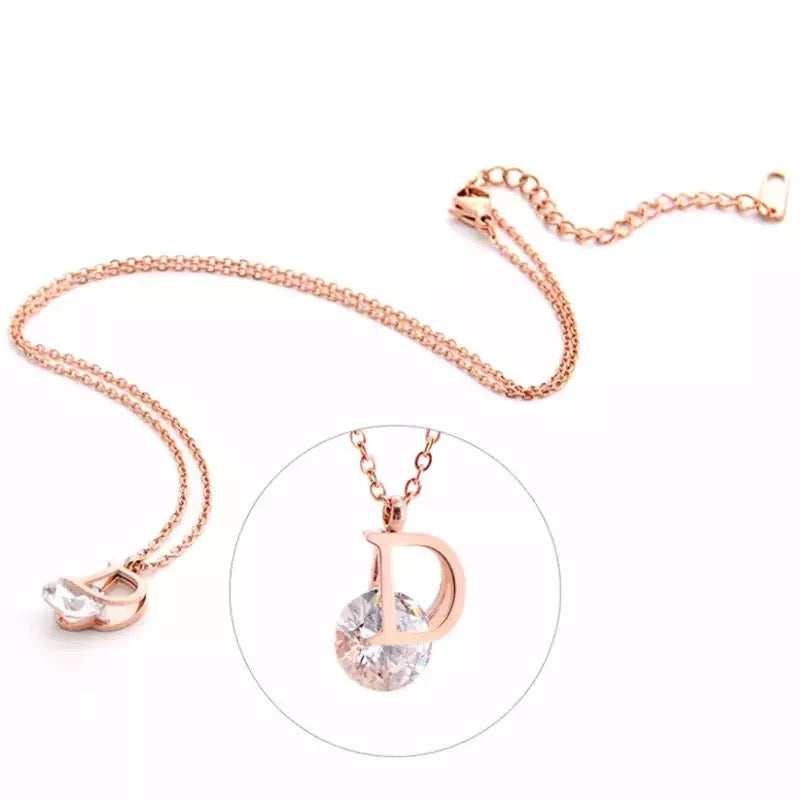 D Letter & Crystal Rose Gold Pendant Necklace