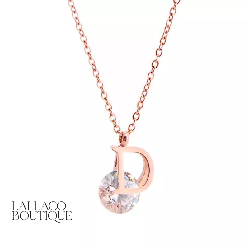 D Letter & Crystal Rose Gold Pendant Necklace