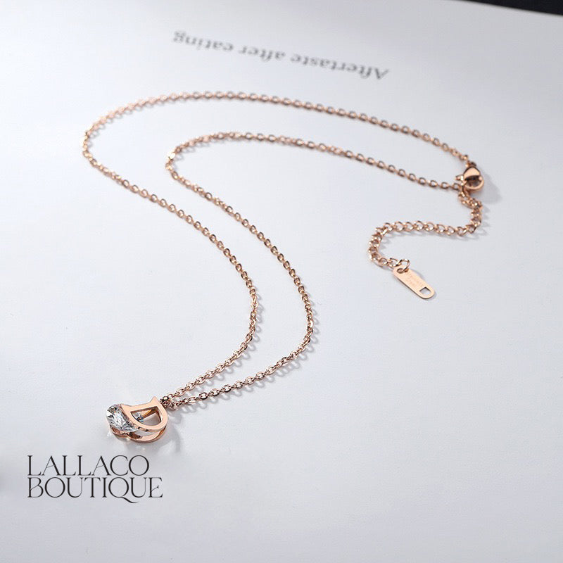 D Letter & Crystal Rose Gold Pendant Necklace