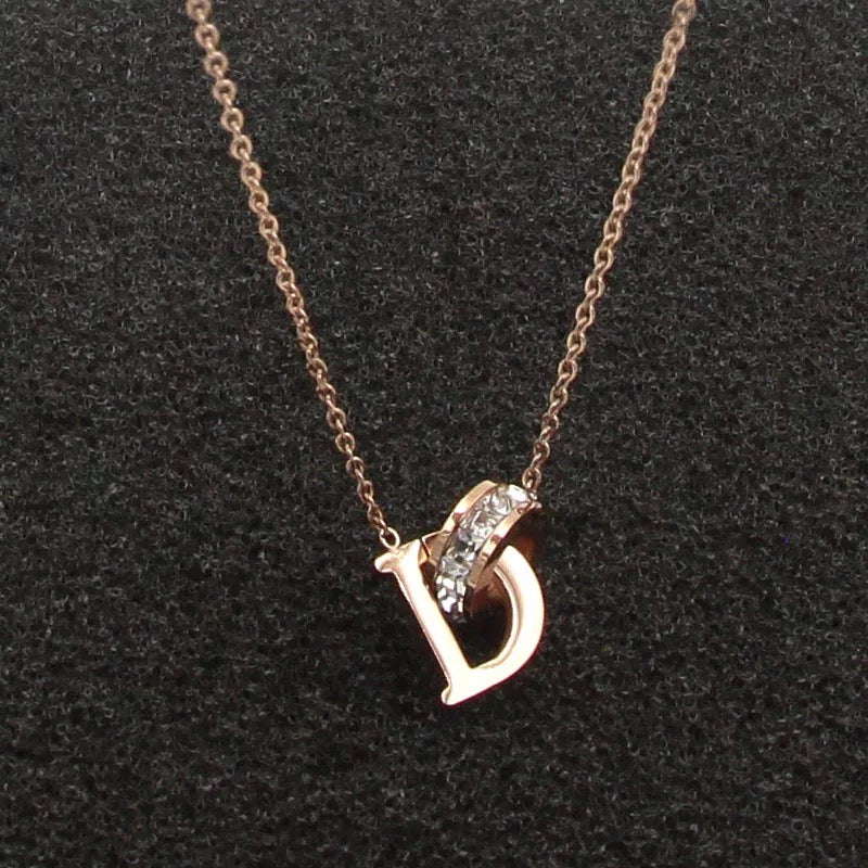 D Letter & Crystal Gold Pendant Necklace