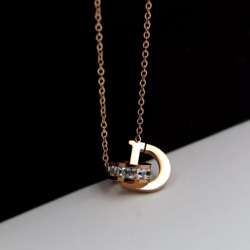 D Letter & Crystal Gold Pendant Necklace