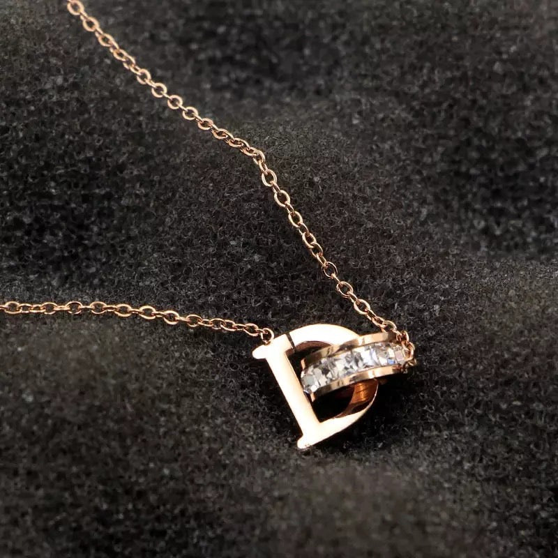D Letter & Crystal Gold Pendant Necklace