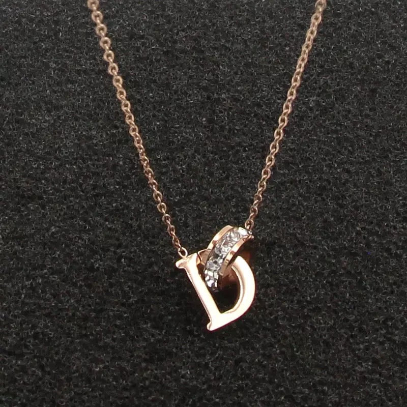 D Letter & Crystal Gold Pendant Necklace