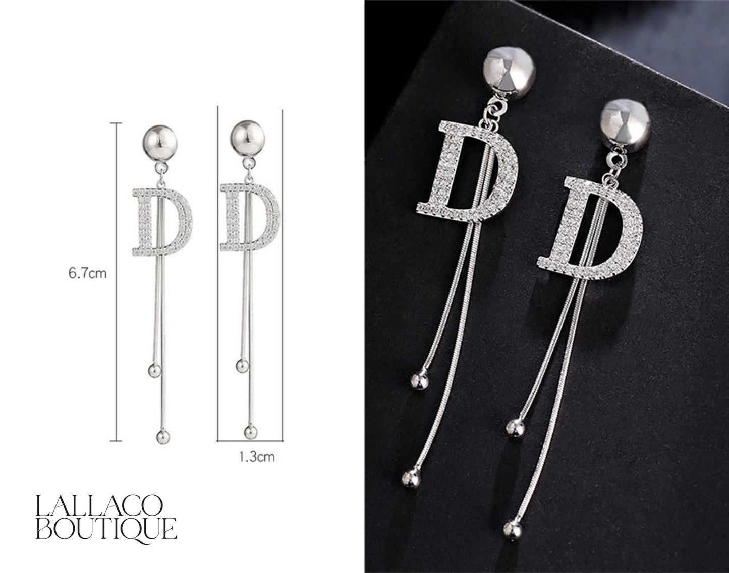 D Letter Silver Drop Chain Earrings