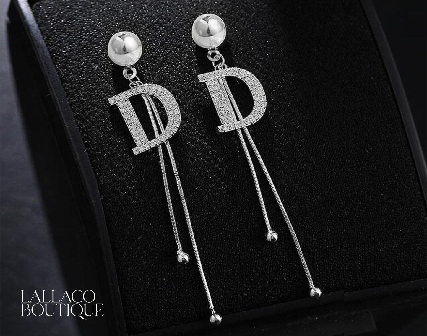 D Letter Silver Drop Chain Earrings