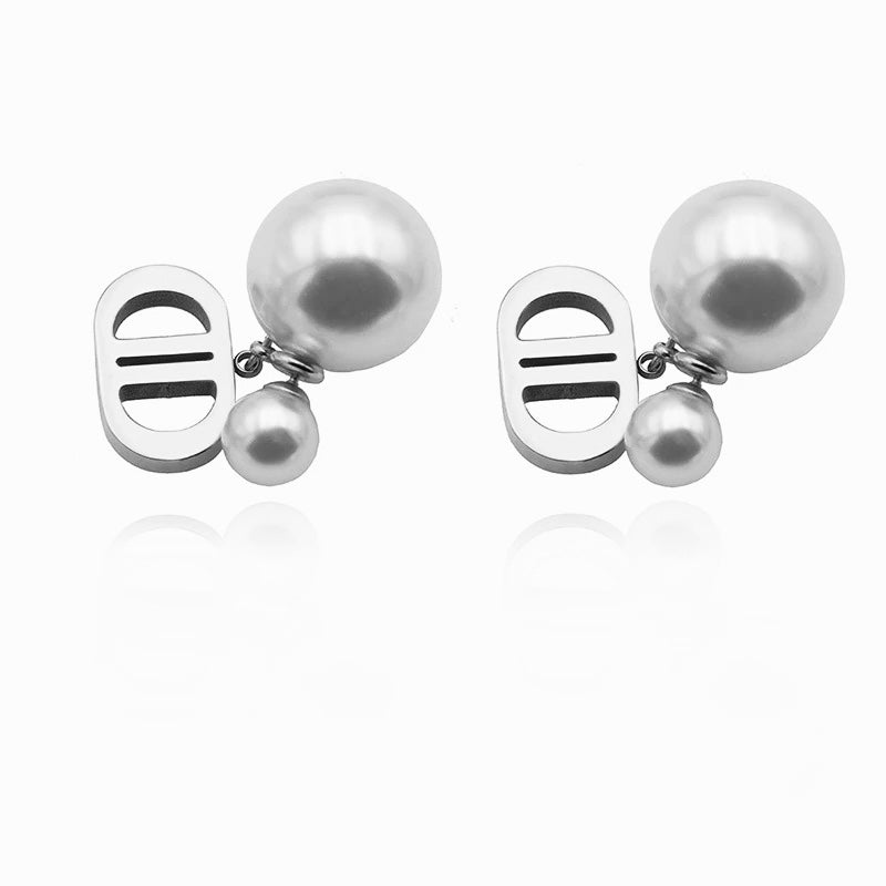 Double Pearl Stud Earring - Silver