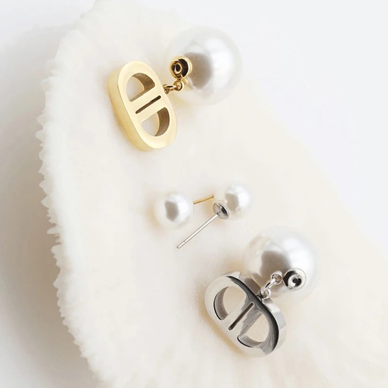 Double Pearl Stud Earring - Silver