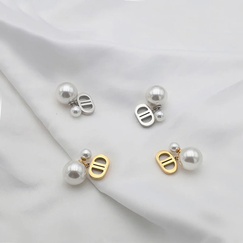 Double Pearl Stud Earring - Silver