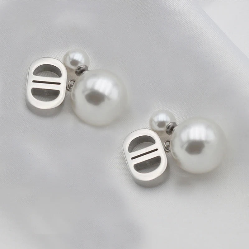 Double Pearl Stud Earring - Silver
