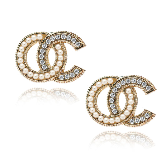 Pearl Ring and Crystal C Stud Earrings